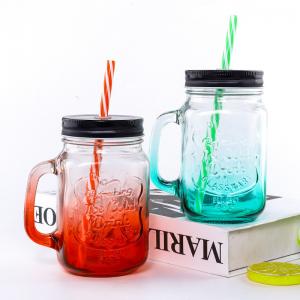 China Custom Design Logo embossed colored juice drink glass mason jar with handle and lid on sale