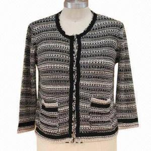 China Women's Knitted Cardigan, 1 End Acrylic Tubular Tape Yarn and 2 Ends 50% Cotton and 50% Acrylic on sale