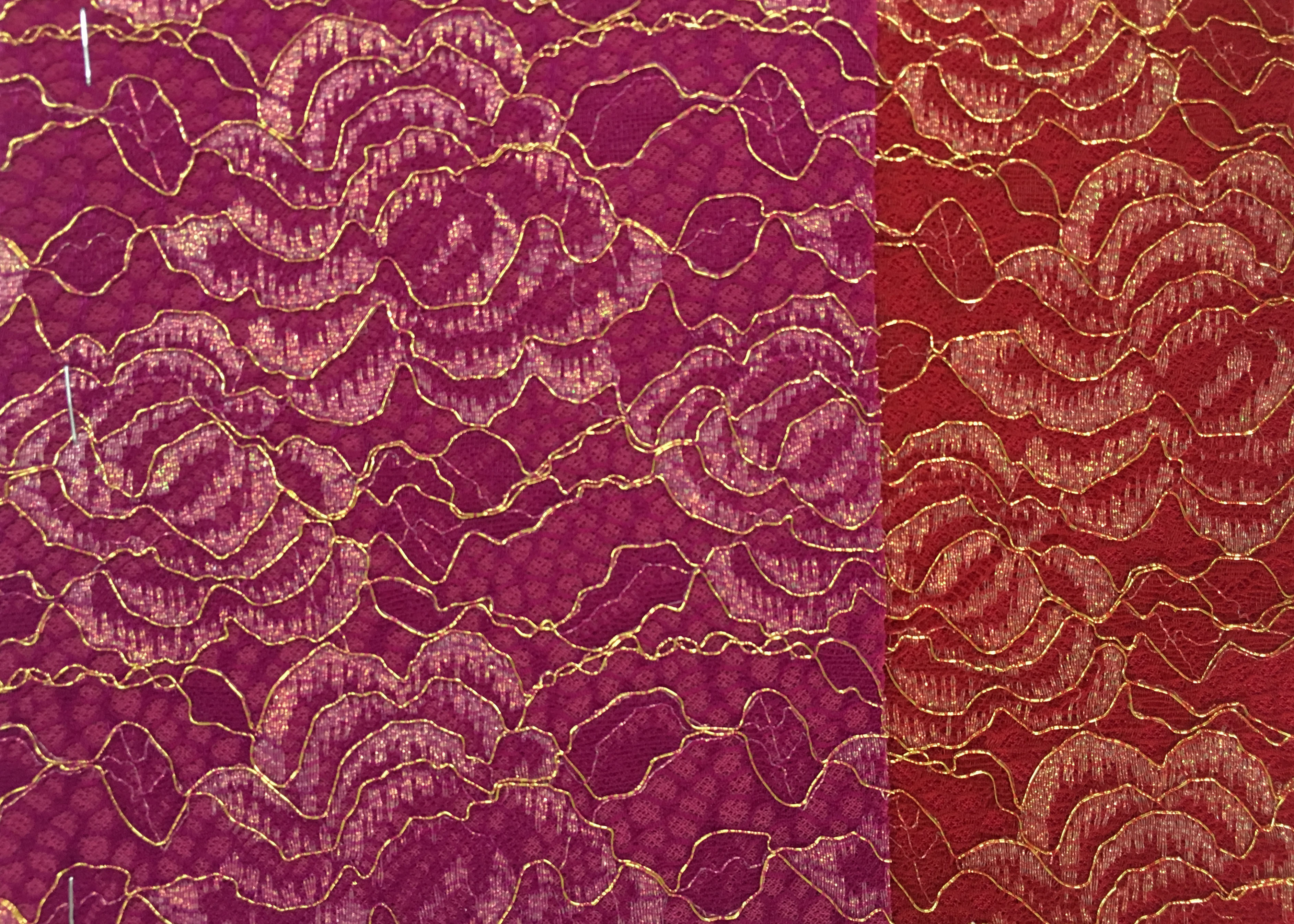  Red Golden Embroidery Sequin Lingerie Lace Fabric For Wedding Dress , Decoration Lace Fabric Manufactures