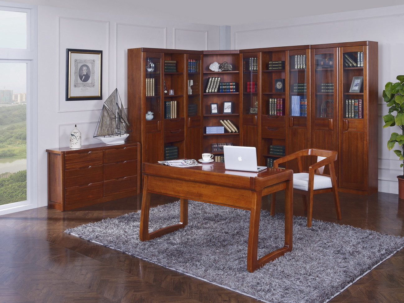  Nanmu solid wood Home office study room furniture set by Tall storage bookcase cabinet and office reading desk Chair Manufactures