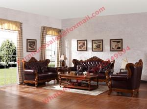  European Classic Solid Wooden Carving Frame with Italy Leather Upholstery Sofa Set Manufactures