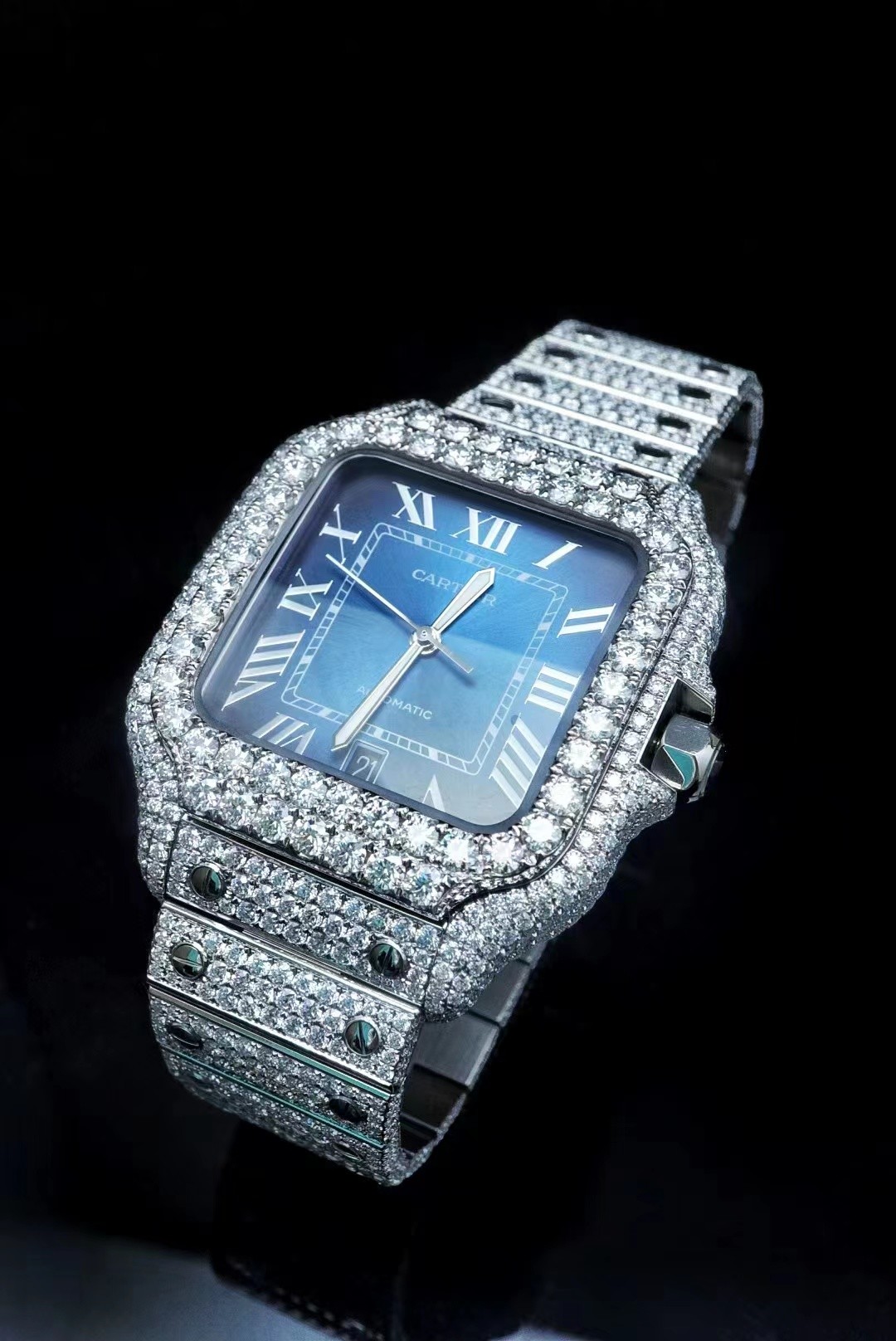  OEM Blue Dial Iced Out Moissanite Watch Cartier Bussdown Watch Manufactures