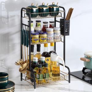 China 365x220x600mm Countertop Kitchen Rack 3 Tiers Black Gold Multifunctional For Spice on sale