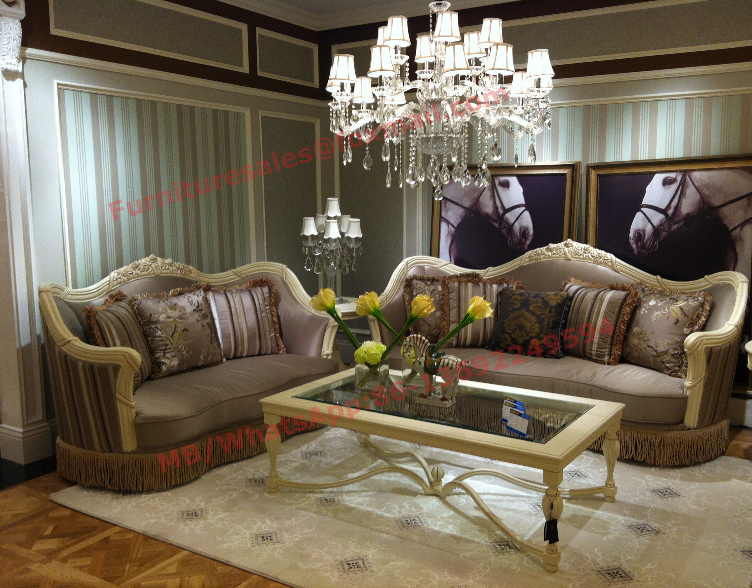  Luxury Design and Romantic Sofa set made by Wooden Carving Frame with Fabric Upholstery Manufactures