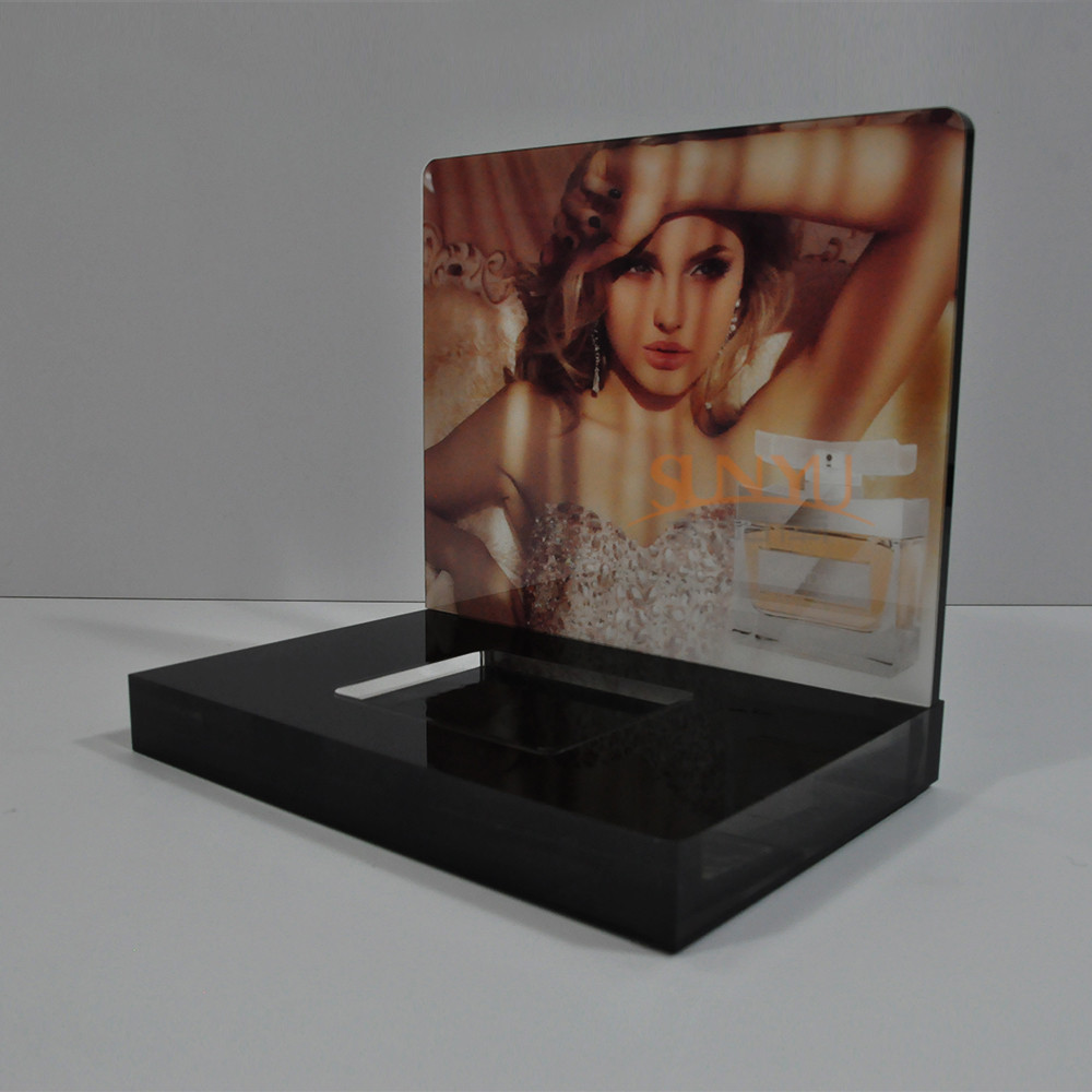  CNC Cutting Perfume Acrylic Counter Display Black With Vivid Sticker Manufactures