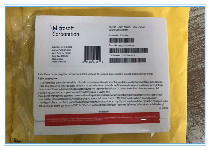 China Sealed Microsoft Windows 10 Pro Professional OEM COA 64 Bit DVD Pack in Spanish on sale