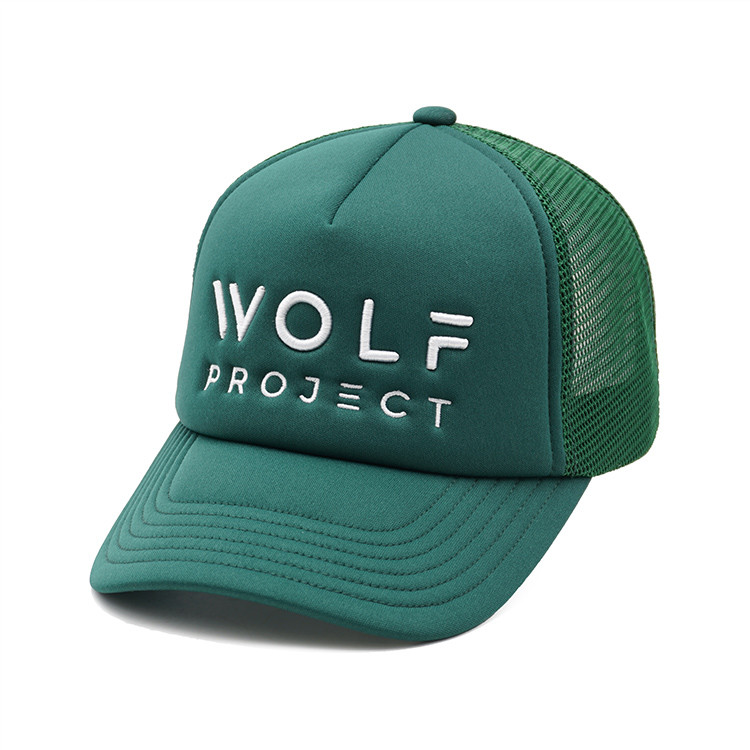  Curved Brim Green Trucker Hat 5 Panel Foam Mesh Hat With Embroidered Letter Logo Manufactures