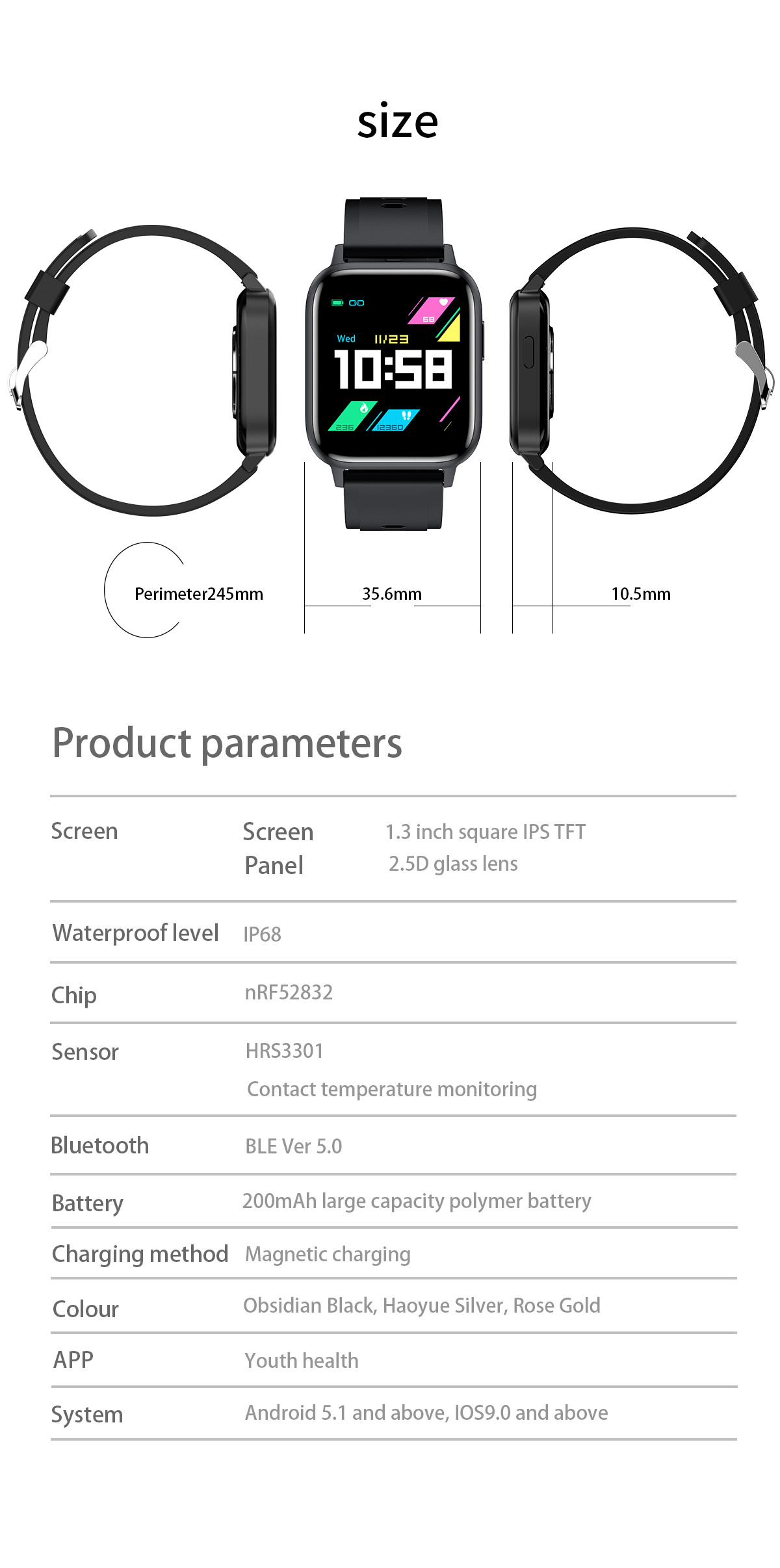 Narrow Border Glass Mirror 180mAh IP68 Waterproof Smart Watch