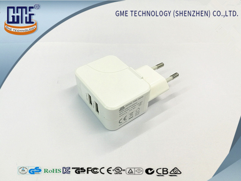  Shinning White Dual Port Wall Mount Power Adapter 5V 2.4A / 1A with EU Plug Manufactures