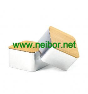 China kitchen use square storage tin container with bamboo lid on sale
