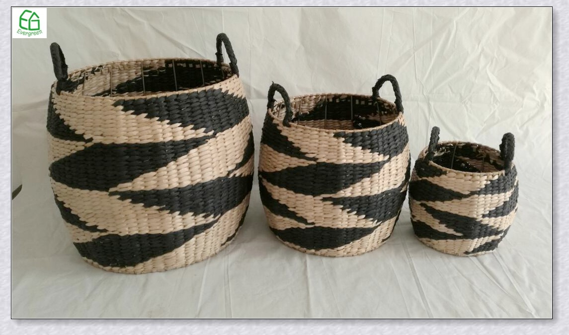 Quality storage bin, 100% hand woven rush&paper  round storage basket , natrual + black color,big box, hamper, for sale