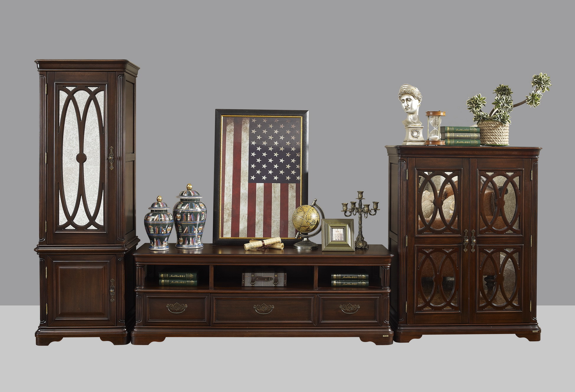  American Antique Living leisure room furniture sets Wooden TV wall unit set by Floor stand and Tall display cabinet Manufactures