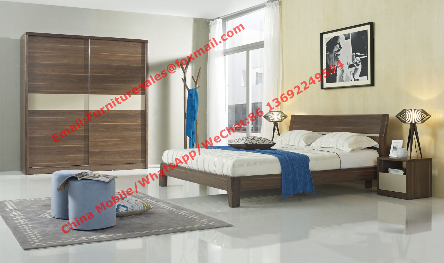  Wood & Panel furniture in modern deisgn Walnut color by KD bed with Sliding door wardrobe Manufactures