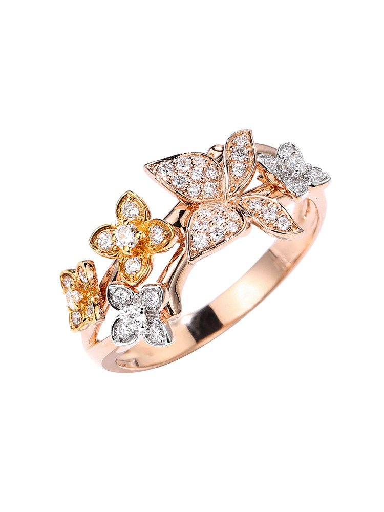 China Wedding rings Rose Gold Butterfly Diamond Ring 18K gold diamond rings on sale