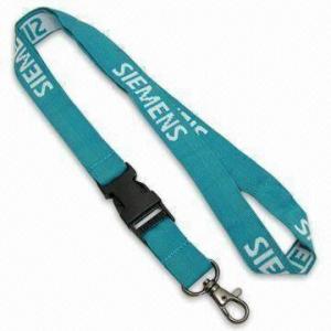  Lanyard with Black Plastic Detachable Buckle and One Color Logo Woven into Strap, Made of Polyester Manufactures