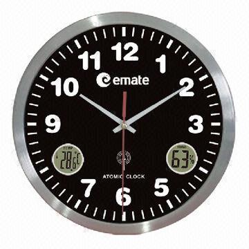 China 12-inch Atomic Analog Wall Clock with Aluminum Frame, LCD Display Indoor Temperature and Humidity on sale