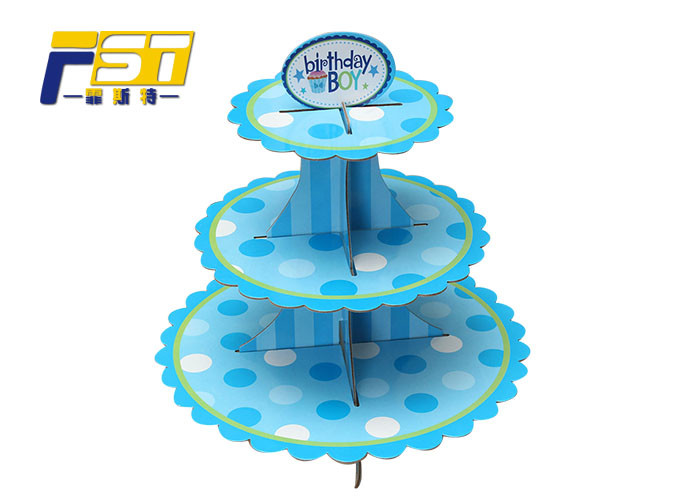 China Blue Round Cardboard Cake Display , Offset Printing Paper 3 Tier Cake Stand on sale