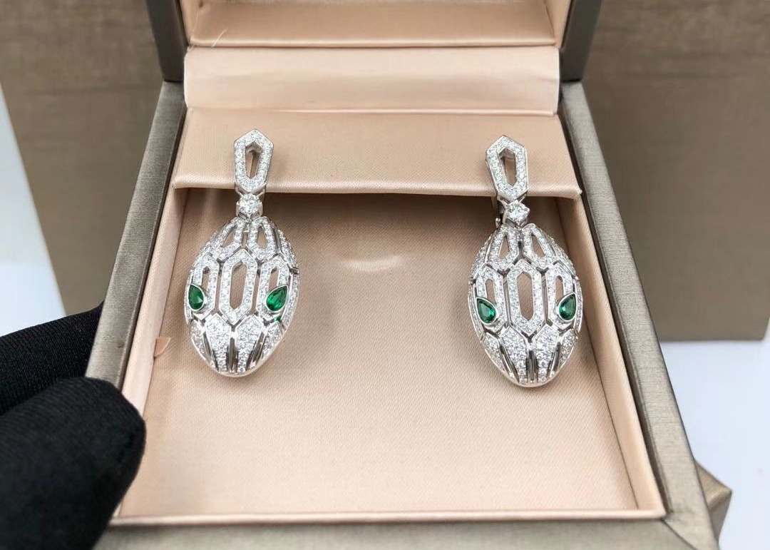  Bvlgari 18k White Gold Diamond Earrings Green Serpenti Eyes With Malachite Manufactures