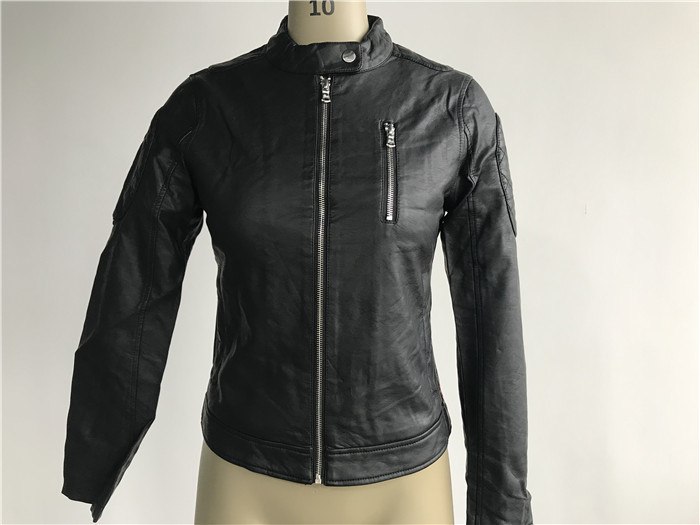 China Female Black Polyurethane Leather Biker Jacket With Polished Silver Zip LEDO1731 on sale
