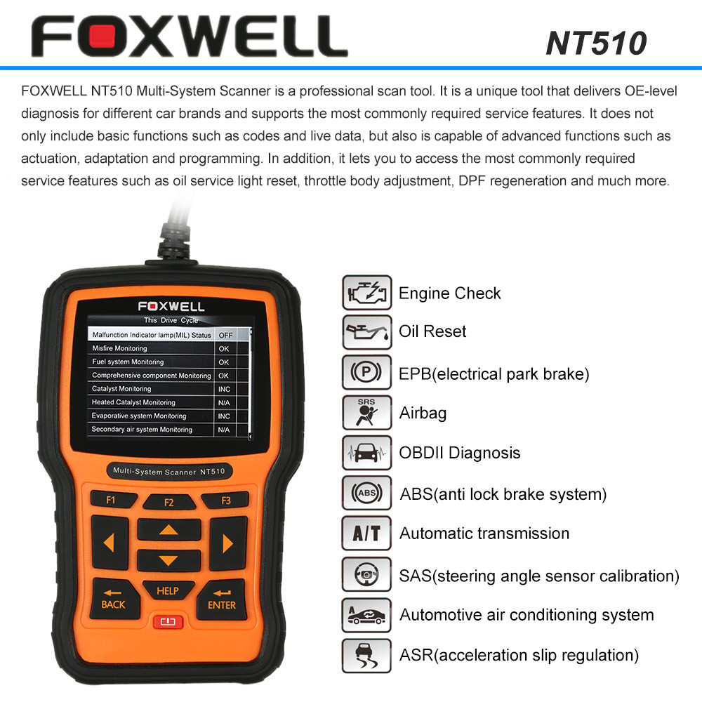 FOXWELL NT510 OBDII Car Diagnostic Scan Tool , Multi-system Code Reader Scanner