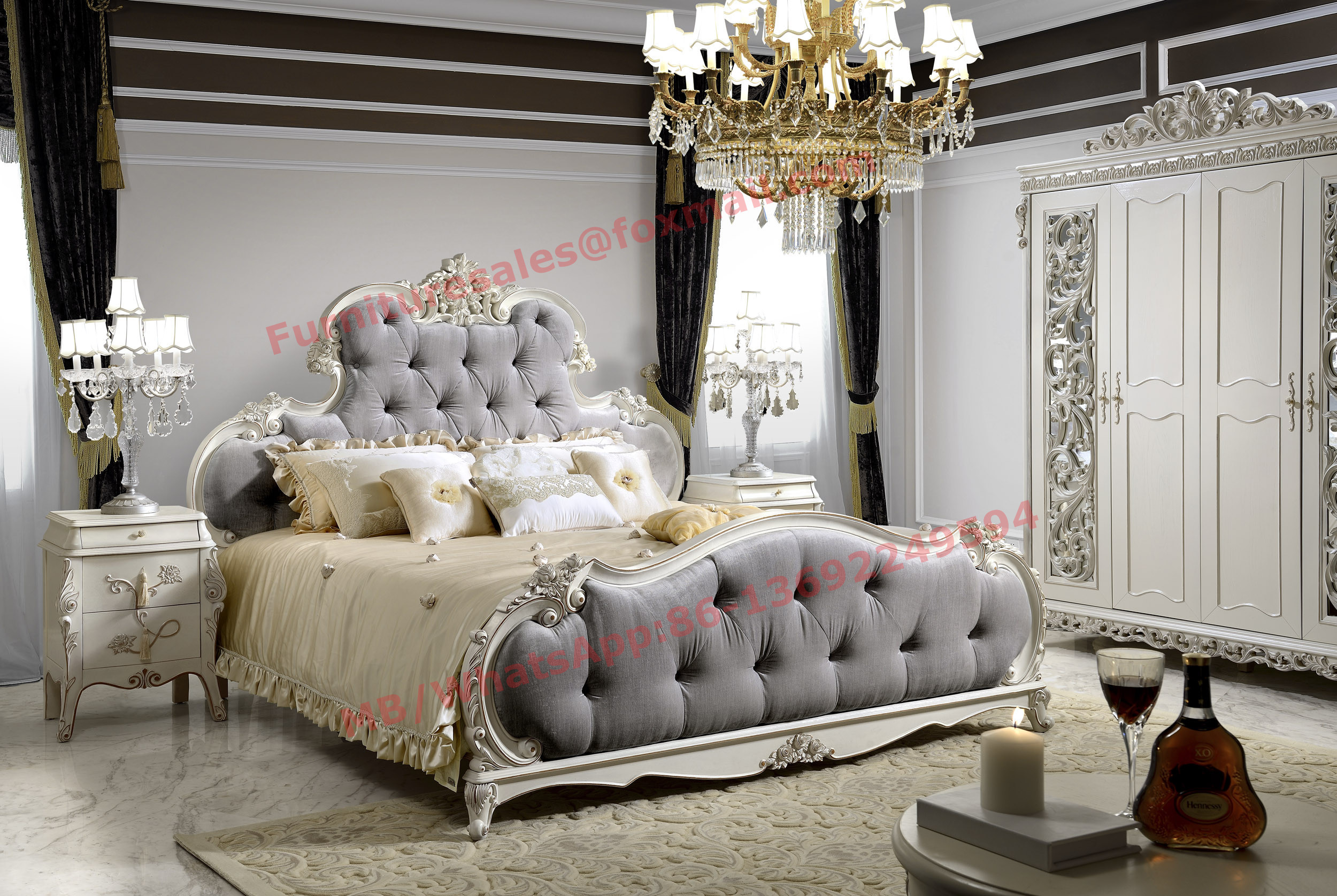  Luxury Upholstery Fabric Headboard Padding with Solid Wood Bed in Ivory White Painting Manufactures