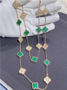  18K Yellow Gold Van Cleef And Arpels Vintage Alhambra Necklace With Diamond And Malachite Manufactures