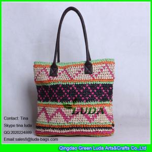 LUDA spainish straw handbag fashion crocheted pattern paper straw bag leather handles