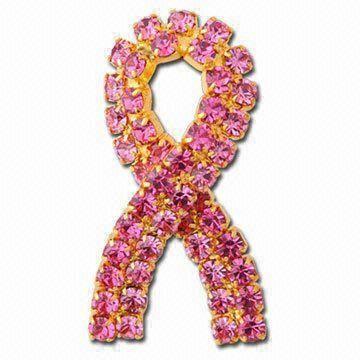  Pink Stones Ribbon Pins with Gold Plating, Made of Pewter and Acrylic Stone Manufactures