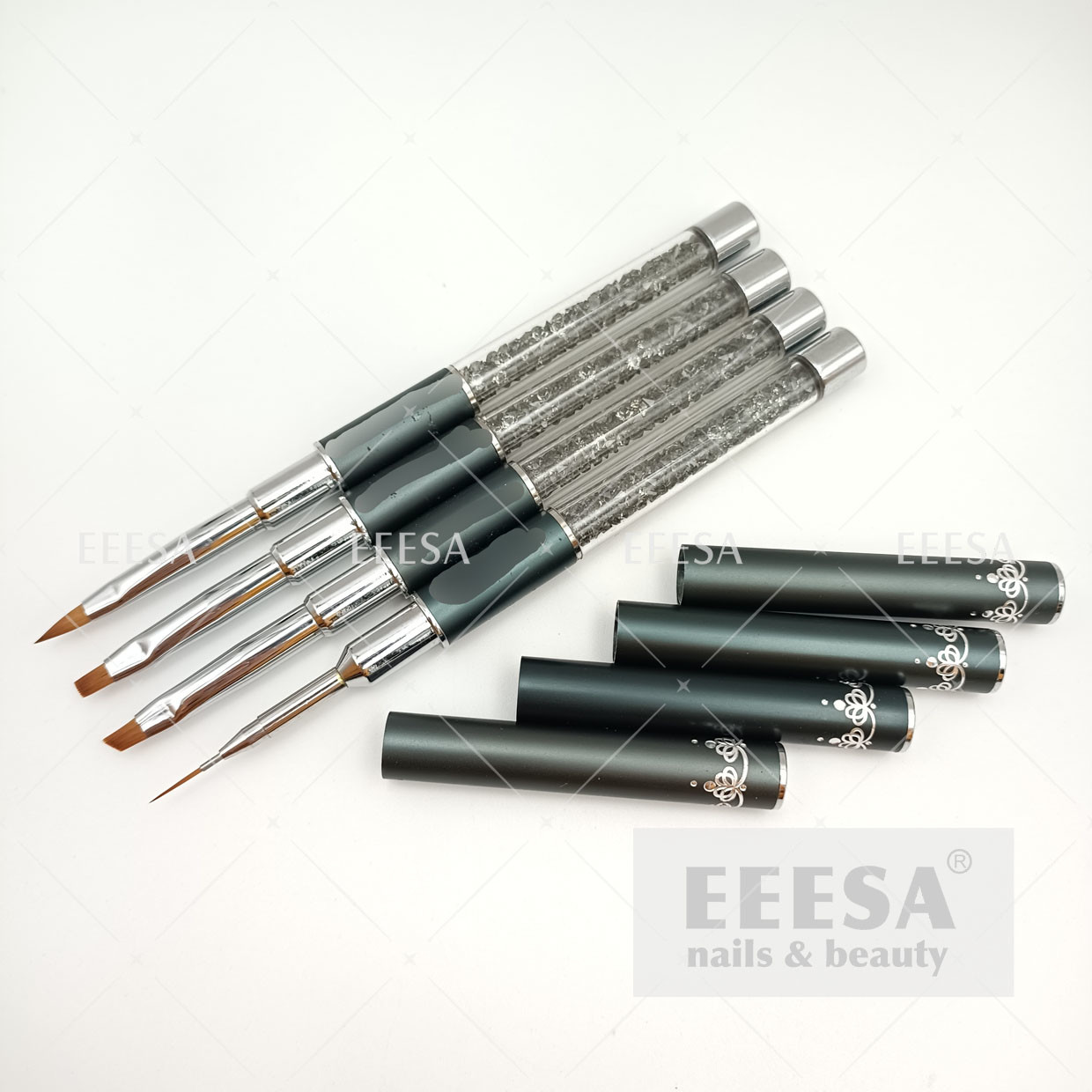  Grey rhinestone crystal metal handle 3D gel liner nail art brush sets Manufactures