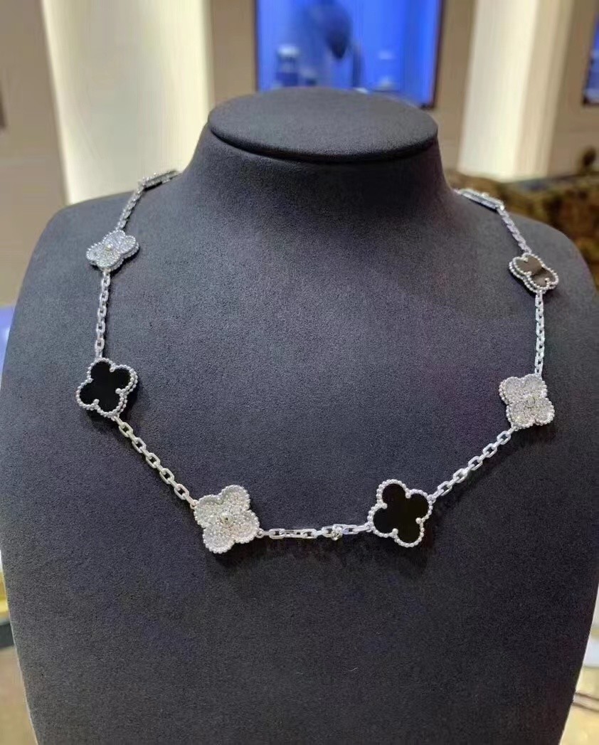  Van Cleef &amp; Arpels White Gold &amp; Diamonds 10Motifs Onyx Vintage Alhambra Necklace luxury jewelry accessories Manufactures