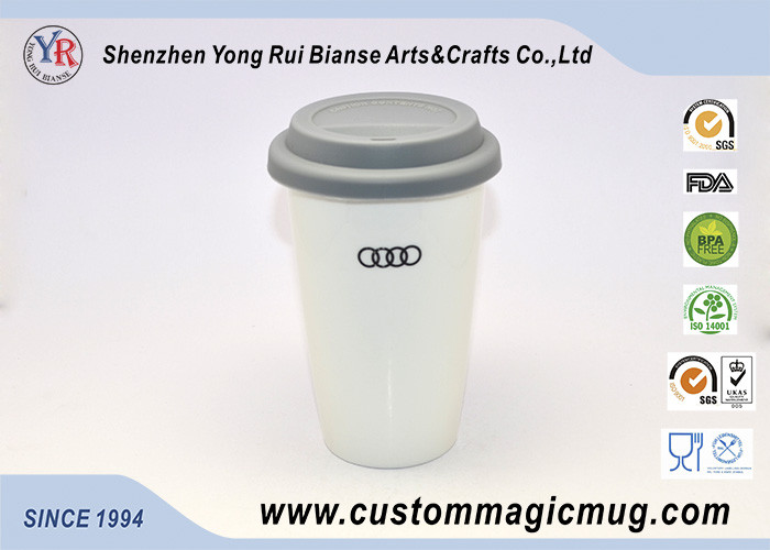 China Safe Scald Preventable Porcelain Double Wall Ceramic Mug With Silicone Lid And Sleeve on sale