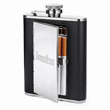 China Hip Flask with Cigarette Case, Made of Stainless Steel and Leather, Non-lead Welding on sale