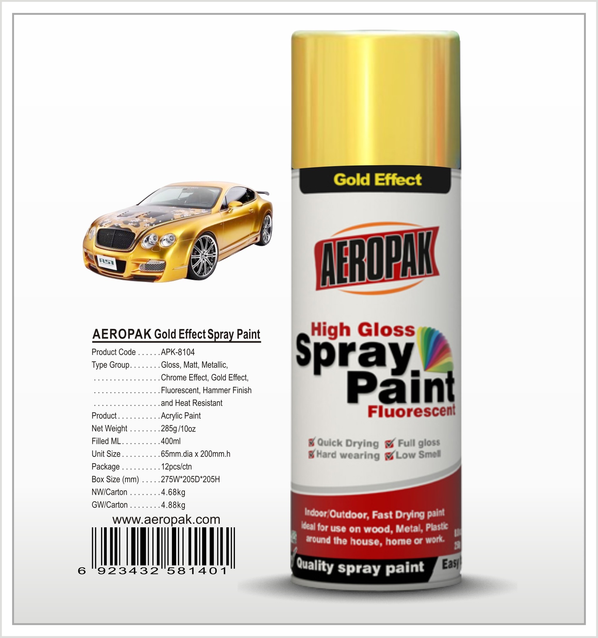  Aeropak  aerosol can 400ml 10oz Gold Effect spray paint with all colors acrylic Manufactures