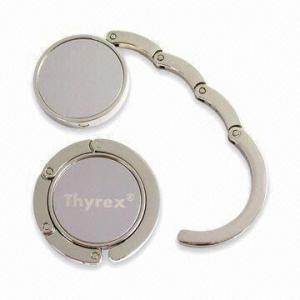  Round-Shaped Contractible Handbag Hangers with Laser Logo Embedded Magnet, Made of Zinc Alloy Manufactures