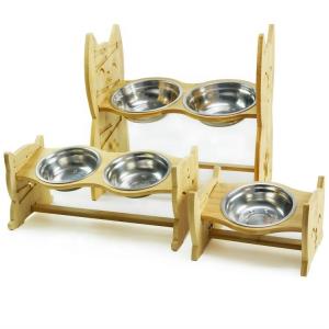  SS304 TUV Pet Food Feeder 14.5cm Wooden Raised Dog Bowls Manufactures