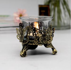 China Antique Brush Gold metal hollow Candle holder with butterfly /rose design and telight cup on sale