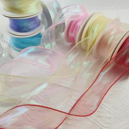 Custom Solid Color Sheer Chiffon Pink Silk Organza Ribbon for Wedding Gift Wrapping