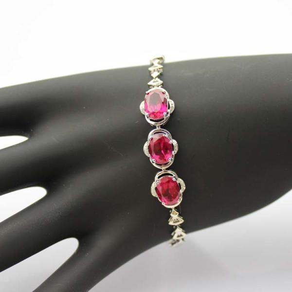 Fashion Jewellery Silver Link Bracelet with 7x9mm Created Ruby and Clear Cubic Zircon(H13)