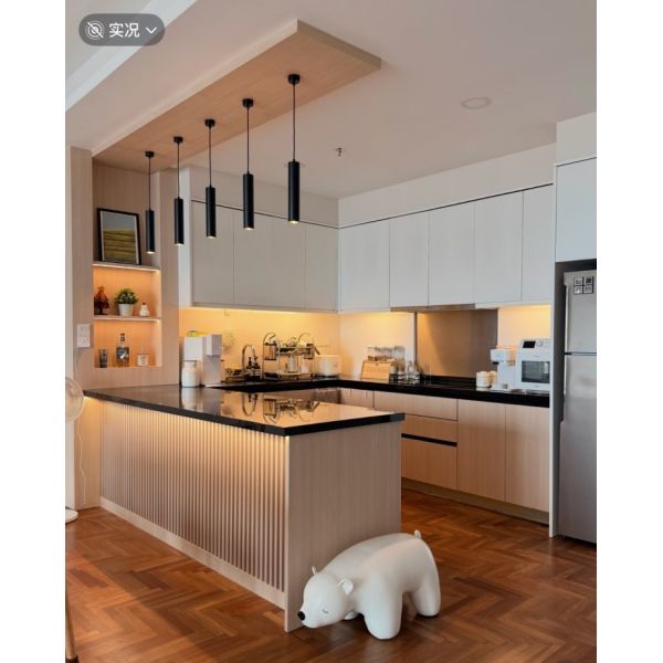 Customizable Eco-Friendly Kitchen Cabinet with Fluted Island and LED Lighting