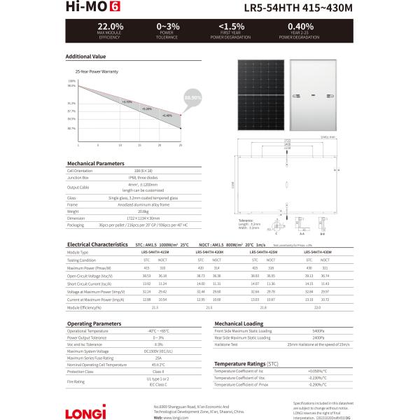Longi Solar Panel 415W 420W Longi Panel Solar 425W 430W 108 Cells HiMo Mono Silicon Solar Panels