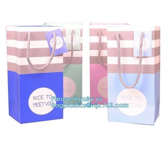 Gold embossed logo ribbon satin finish ribbon paper carrier bags with rope handles and ribbon bow fastener bagease pac