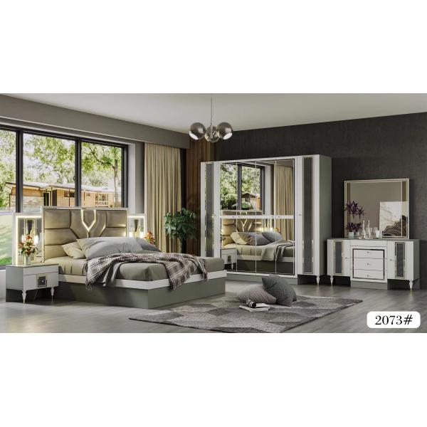 Wood Panel MDF Glass Bedroom Furniture Set King Bed White Dresser Black Nightstand