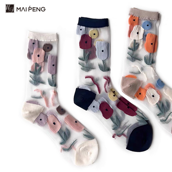Chic Custom Flower Jacquard Crystal Socks Women'S Summer Wear Transparent Socks