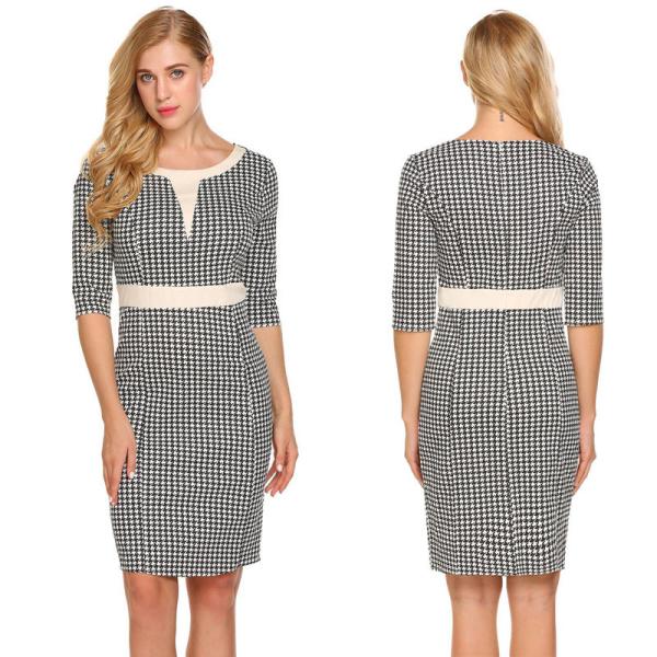 Customizable Gingham Check Office Dress Spandex Polyester