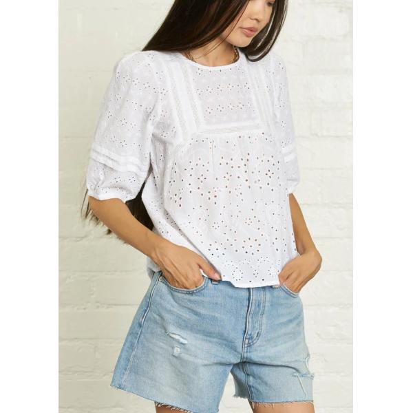 Casual 3/4 Sleeve Ladies Lace Tops Cotton Eyelet Embroidered