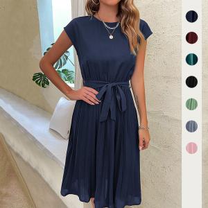                   New European and American Skirt Summer Vacation Women&prime;s Lace up Solid Color Pleated Dress              Manufactures
