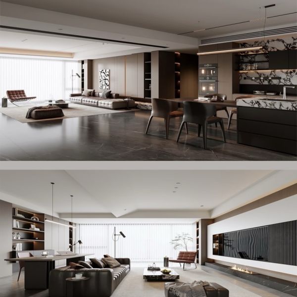 Modern Italian Quiet Luxury Dark Oak & Matte Dark Gray Integrated Living & Dining Full Wall Custom Cabinet System, TV Background Wall, Backlit Display Cabinet, Marble Water Bar & Work Desk Cabinet