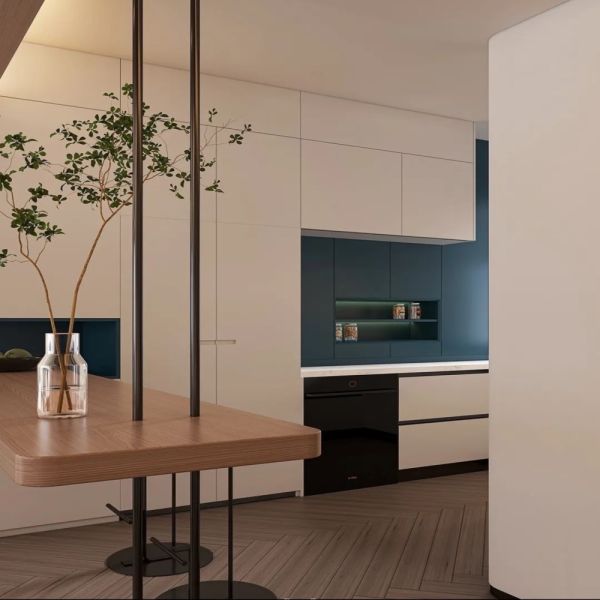 Modern Cream Light Wood Minimalist Integrated Living-Dining-Kitchen Custom Cabinet System, Full Wall Handle-Free Concealed Cabinet, Dining Side Bar, Coffee Water Bar & Integrated Kitchen Cabinet