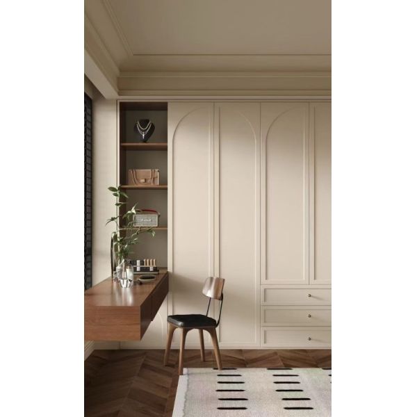 French Cream Arched Recessed Panel Wardrobe With Floating Wood Dressing Desk & Open Display Nook