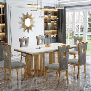 Medium Size Dining Room Furnitures Stainless Steel Marble Dining Table Flannel / PU Chair Manufactures